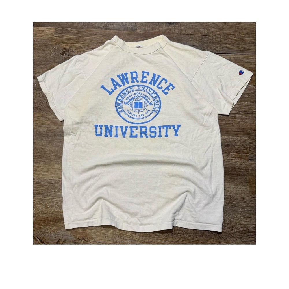 VTG 70s 80s Lawrence University‎ Champion T Shirt Mens Large Cream USA Made